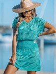 CUPSHE Women's Swimwear Cover Up Crochet Mini Dress Button V Neck Short Sleeve Beach Coverups Summer Turquoise,M