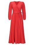 Mansy Women's Elegant Wrap V Neck Lantern Sleeve Bulted Pleated Flowy Maxi Long Dress, A-04-red, X-Large