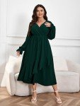 SHESTARR Womens Plus Size Wedding Guest Cocktail Maxi Dress Wrap V Neck Long Sleeve Ruffle Hem Split Long Dress, Emerald Green, X-Large Plus