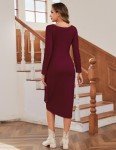 Meetjen Women's Ribbed Knit Midi Sweater V Neck Faux Wrap Long Sleeve Classy Christmas Bodycon Sheath Dress Burgundy XL