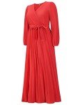 Mansy Women's Elegant Wrap V Neck Lantern Sleeve Bulted Pleated Flowy Maxi Long Dress, A-04-red, X-Large