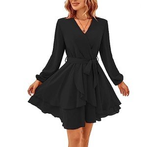 TcIFE Women's Casual Dress Deep V Neck Long Sleeve Waist Tie Irregular Ruffle Chiffon Elegant Mini Short Swing Skater Dresses, Black, S