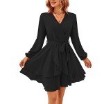 TcIFE Women's Casual Dress Deep V Neck Long Sleeve Waist Tie Irregular Ruffle Chiffon Elegant Mini Short Swing Skater Dresses, Black, S
