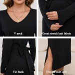 Jayscreate Women's V Neck Sweater Dress Midi Tie Back Side Split 2024 Fall Winter Long Sleeve Knit Business Casual Dress Black