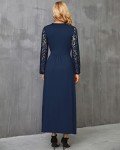 WNEEDU Womens Fall Dresses 2024 Lace Long Sleeve Maxi Dress V Neck Wrap Waist Casual Long Dress with Pockets 2024 New Navy Blue XL
