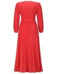 Mansy Women's Elegant Wrap V Neck Lantern Sleeve Bulted Pleated Flowy Maxi Long Dress, A-04-red, X-Large