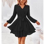 TcIFE Women's Casual Dress Deep V Neck Long Sleeve Waist Tie Irregular Ruffle Chiffon Elegant Mini Short Swing Skater Dresses, Black, S