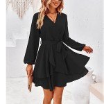 TcIFE Women's Casual Dress Deep V Neck Long Sleeve Waist Tie Irregular Ruffle Chiffon Elegant Mini Short Swing Skater Dresses, Black, S