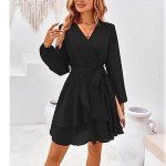 TcIFE Women's Casual Dress Deep V Neck Long Sleeve Waist Tie Irregular Ruffle Chiffon Elegant Mini Short Swing Skater Dresses, Black, S