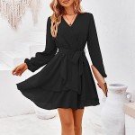 TcIFE Women's Casual Dress Deep V Neck Long Sleeve Waist Tie Irregular Ruffle Chiffon Elegant Mini Short Swing Skater Dresses, Black, S