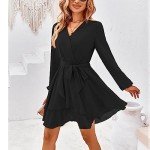 TcIFE Women's Casual Dress Deep V Neck Long Sleeve Waist Tie Irregular Ruffle Chiffon Elegant Mini Short Swing Skater Dresses, Black, S