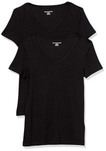 Amazon Essentials Women's 2-Pack Slim-Fit Short-Sleeve V-Neck T-Shirt, Black/Black, Medium