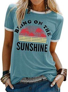 Womens Tshirt Short Sleeve Bring ON The Sunshine Graphic Tee Shirt Letter Casual Summer Top L Lake Blue