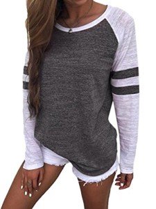 Famulily Women's Long Sleeve Baseball Tee Shirt Crew Neck Colorblock Striped Tops(Dark Grey,Medium)