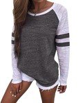 Famulily Women's Long Sleeve Baseball Tee Shirt Crew Neck Colorblock Striped Tops(Dark Grey,Medium)