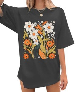 UNIQUEONE Oversized Boho Flower Shirt Women Vintage Floral Graphic Tee Shirts Crewneck Winter Clothes Garden Lovers Top Grey