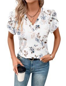MOLERANI Womens T Shirts Petal Sleeve V Neck Casual Tees Summer Basic Tops,Floral White,L