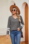 Famulily Ladies Color Block V Neck T-Shirts Women’s Casual Stripes Long Sleeve Blouse Sweatshirt(Darkgrey,XL)