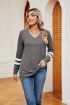 Famulily Ladies Color Block V Neck T-Shirts Women’s Casual Stripes Long Sleeve Blouse Sweatshirt(Darkgrey,XL)