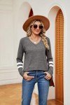 Famulily Ladies Color Block V Neck T-Shirts Women’s Casual Stripes Long Sleeve Blouse Sweatshirt(Darkgrey,XL)