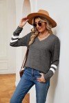 Famulily Ladies Color Block V Neck T-Shirts Women’s Casual Stripes Long Sleeve Blouse Sweatshirt(Darkgrey,XL)