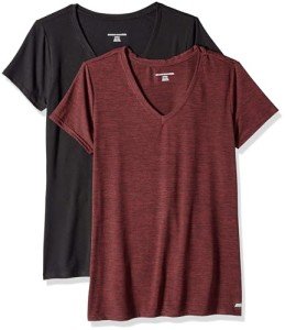 Amazon Essentials Women's 2-Pack Tech Stretch Short-Sleeve V-Neck T-Shirt, Burgundy Space Dye/Black, Medium