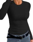 ZAWAPEMIA Womens Crew Neck Long Sleeve Stretchy Slim Fitted T Shirt Casual Trendy Clothing Basic Ribbed Tops L Black