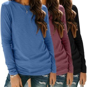 Zeagoo 3 Pack Long Sleeve Casual Shirts for Women Crewneck Basic Tee Tops Loose Fit Fall Fashion 2024