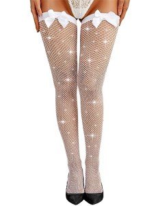 RSLOVE Rhinestone Fishnet Stockings with Bow - White