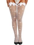 RSLOVE Rhinestone Fishnet Stockings with Bow - White