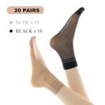 20 Pairs Women's Sheer Ankle Socks - Nude & Black