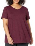 Amazon Essentials Women's 2-Pack Tech Stretch Short-Sleeve V-Neck T-Shirt, Burgundy Space Dye/Black, Medium