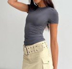 LACOZY Womens Basic Plain t Shirt Bustier Gym Crop Top Short Sleeve Elegant Blouse Tee Top 2023 Deep Grey S