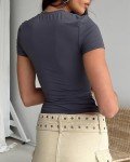 LACOZY Womens Basic Plain t Shirt Bustier Gym Crop Top Short Sleeve Elegant Blouse Tee Top 2023 Deep Grey S