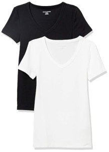 Amazon Essentials Women's 2-Pack Slim-Fit Short-Sleeve V-Neck T-Shirt, Black/White, Medium