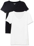 Amazon Essentials Women's 2-Pack Slim-Fit Short-Sleeve V-Neck T-Shirt, Black/White, Medium
