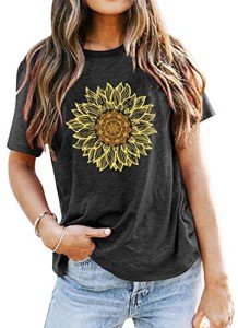 Womens Sunflower Shirts Flower Graphic Tees Shirts Cute Casual Faith Shirt Tops (Grey, Large)