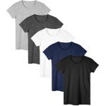 Sexy Basics Women's Cotton Stretch Color T Shirts | Casual & Active Basic Tops | Multi Packs, 5 Pack- Black/White/Grey/Navy/Charcoal, Large