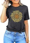 Womens Sunflower Shirts Flower Graphic Tees Shirts Cute Casual Faith Shirt Tops (Grey, Large)