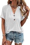 Naivikid Womens V Neck T Shirt Buttons Tops Short Sleeve Tee Solid Color Blouse Loose Fit Tshirts SummerTunic White M