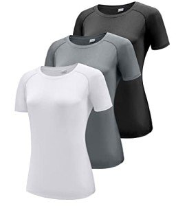 Boyzn 3 Pack Workout Shirts for Women, UPF 50+ Sun Protection Short Sleeve Running T-Shirts, Moisture Wicking Athletic Gym Yoga Shirts Tops Black/White/Grey-3P11-S