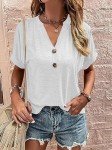 Naivikid Womens V Neck T Shirt Buttons Tops Short Sleeve Tee Solid Color Blouse Loose Fit Tshirts SummerTunic White M