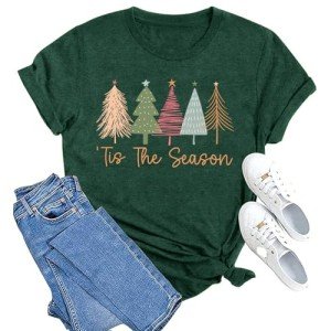 LINZEOO Merry Christmas Shirt for Women Xmas Holiday Tshirt Tis The Season Christmas Trees Tee Tops Green
