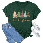 LINZEOO Merry Christmas Shirt for Women Xmas Holiday Tshirt Tis The Season Christmas Trees Tee Tops Green