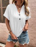 Naivikid Womens V Neck T Shirt Buttons Tops Short Sleeve Tee Solid Color Blouse Loose Fit Tshirts SummerTunic White M