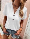 Naivikid Womens V Neck T Shirt Buttons Tops Short Sleeve Tee Solid Color Blouse Loose Fit Tshirts SummerTunic White M
