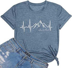 Women Graphic Tees Mountain Adventure Shirts Heartbeat Hiking Camping Letter Print Tshirts Casual Short Sleeve Tee Tops-Blue L