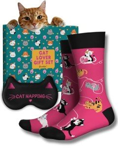 Cat Lover Gift Set: Socks, Sleep Mask & Box