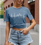 Women Graphic Tees Mountain Adventure Shirts Heartbeat Hiking Camping Letter Print Tshirts Casual Short Sleeve Tee Tops-Blue L