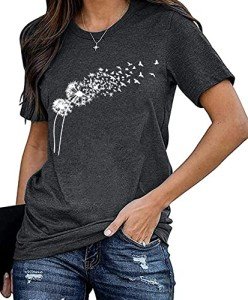 Women Dandelion Shirts Dandelion Graphic T Shirts Cute Casual Faith Shirt Tops (Grey, Medium)